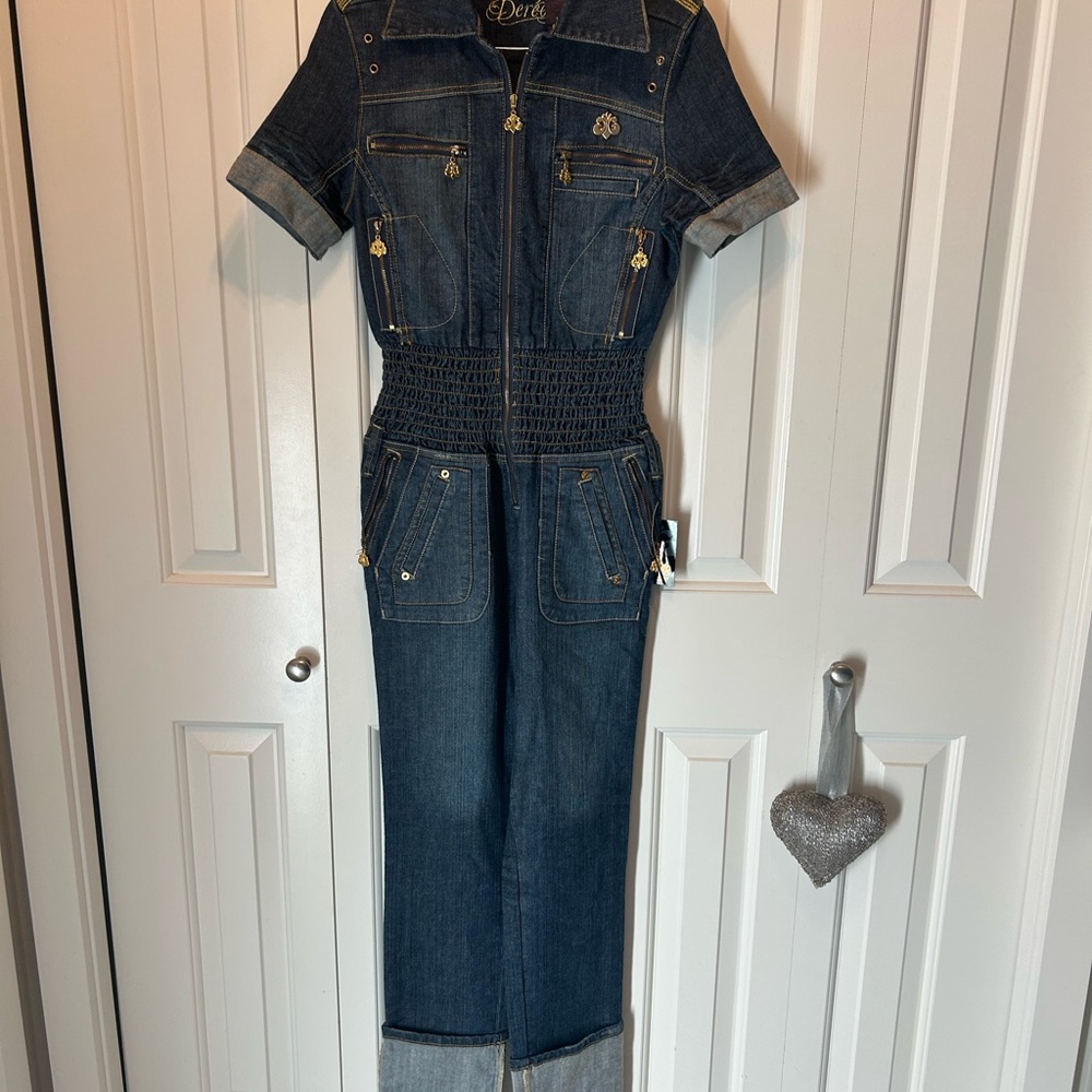 House of Dereon Beyoncé retro 70’s Denim Jumpsuit with Gold Accents